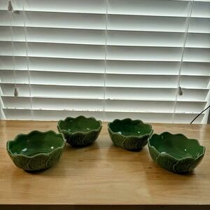 BORDALLO PINHEIRO Green Geranium Salad Bowl 5" Side Set Of 4 Vintage Portugal
